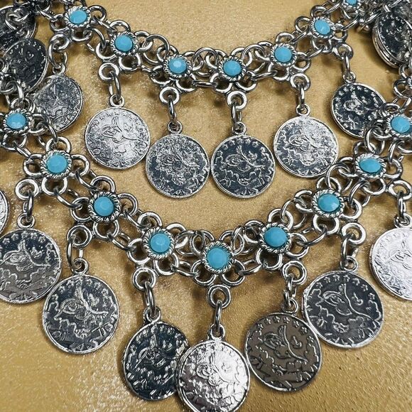 Lucky & Blessed Bohemian Floral Blue Silver Coin Layered Dangle Bib Necklace L&B - Picture 7 of 16